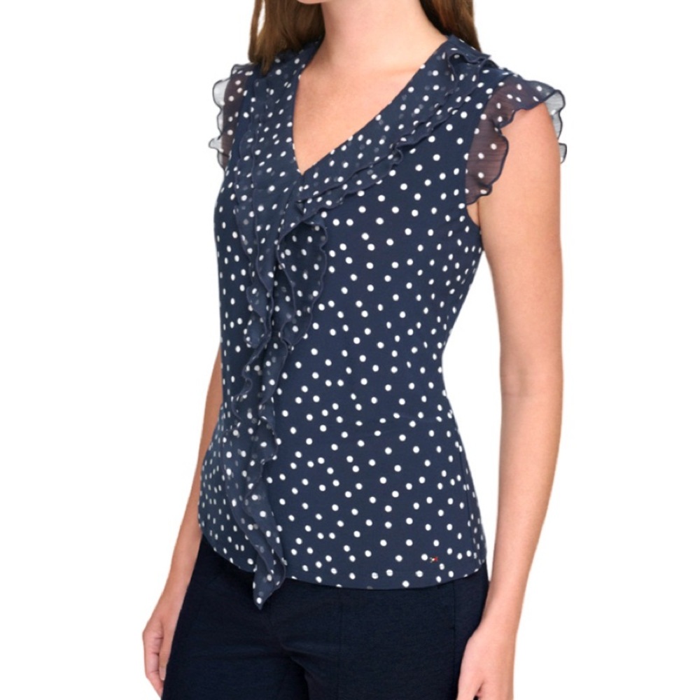 NEW Tommy Hilfiger Cascading Ruffle V-neck Blouse Polka Dot Navy Blue Size M - Picture 12 of 13